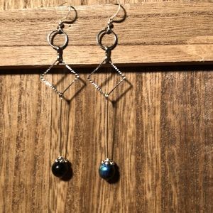 3inch silver and peacock glass bead earrings.
